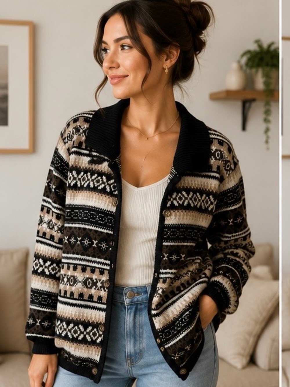 Vintage Fair Isle Nordic Knit Button-Up Cardigan Black & Cream Size M